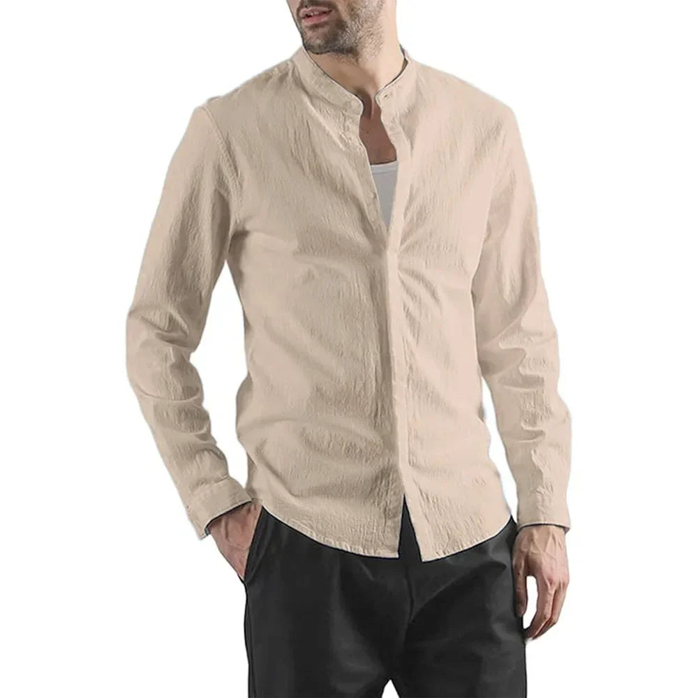 Elegante camisa de algodón y lino de manga larga
