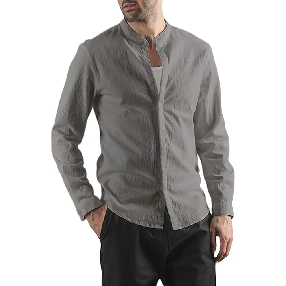 Elegante camisa de algodón y lino de manga larga