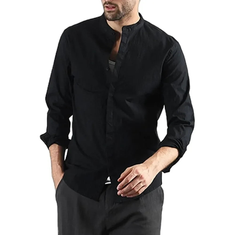 Elegante camisa de algodón y lino de manga larga