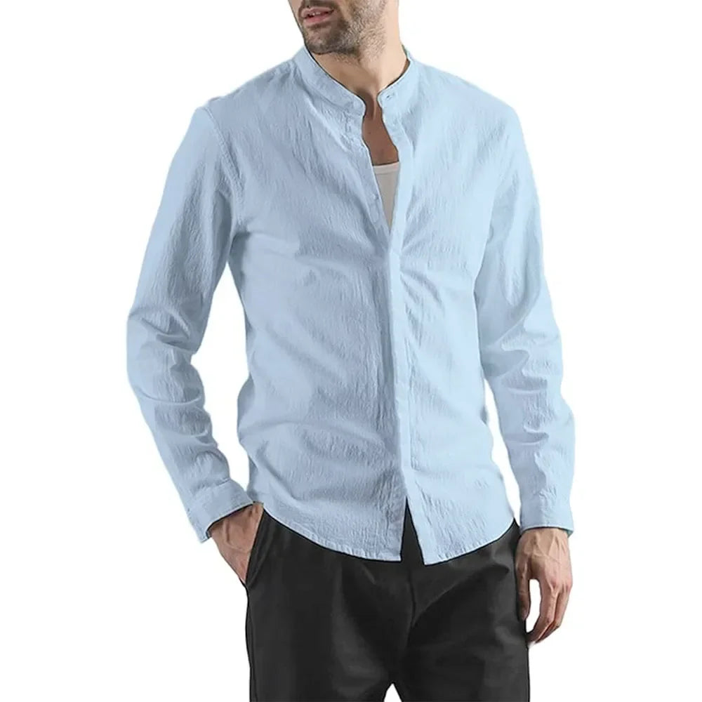 Elegante camisa de algodón y lino de manga larga
